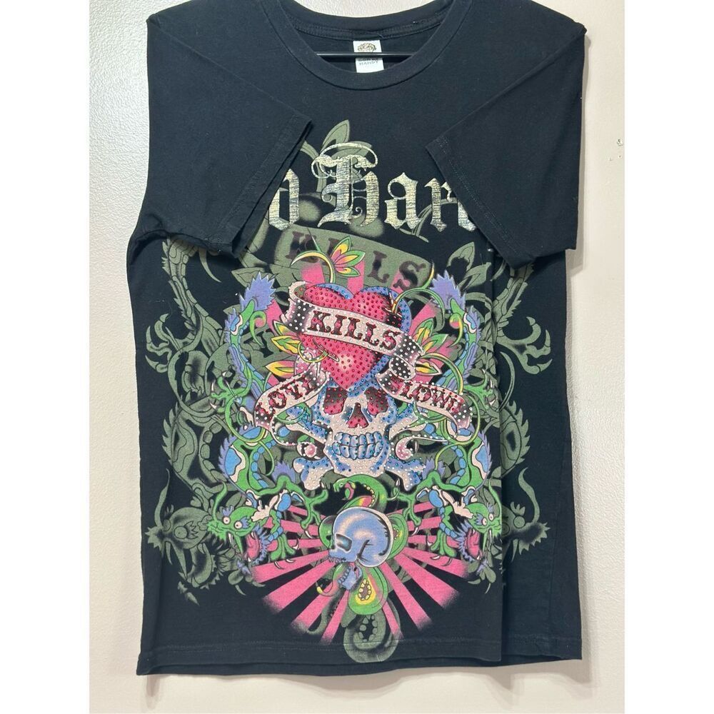 Vintage Ed Hardy "Love Kills Slowly" Skull Embellished Black Tee Shirt Women's